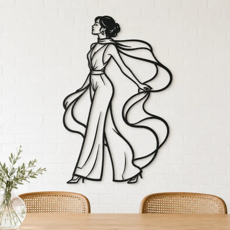 Silk Scarf Profile Metal Wall Art | Minimalist Woman Line Art - lifestyle view 4
