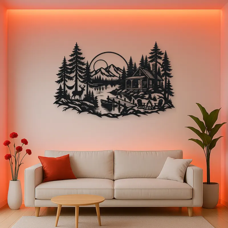 Lakeside Forest Cabin Metal Wall Art | Nature Silhouette Decor
