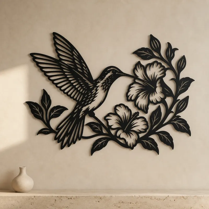 Hummingbird Blossom Metal Wall Art | Wildlife Silhouette Decor - lifestyle view 3