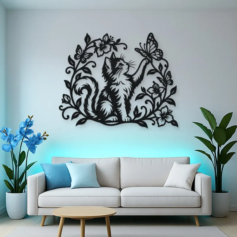 Cat and Butterfly Vine Metal Wall Art | Pet Lover Silhouette Decor