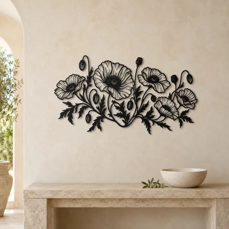 Poppy Field Line Metal Wall Art | Botanical Metal Wall Decor - lifestyle view 3