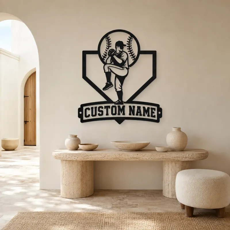 Personalized Baseball Pitcher Windup Metal Wall Art - lifestyle view 3
