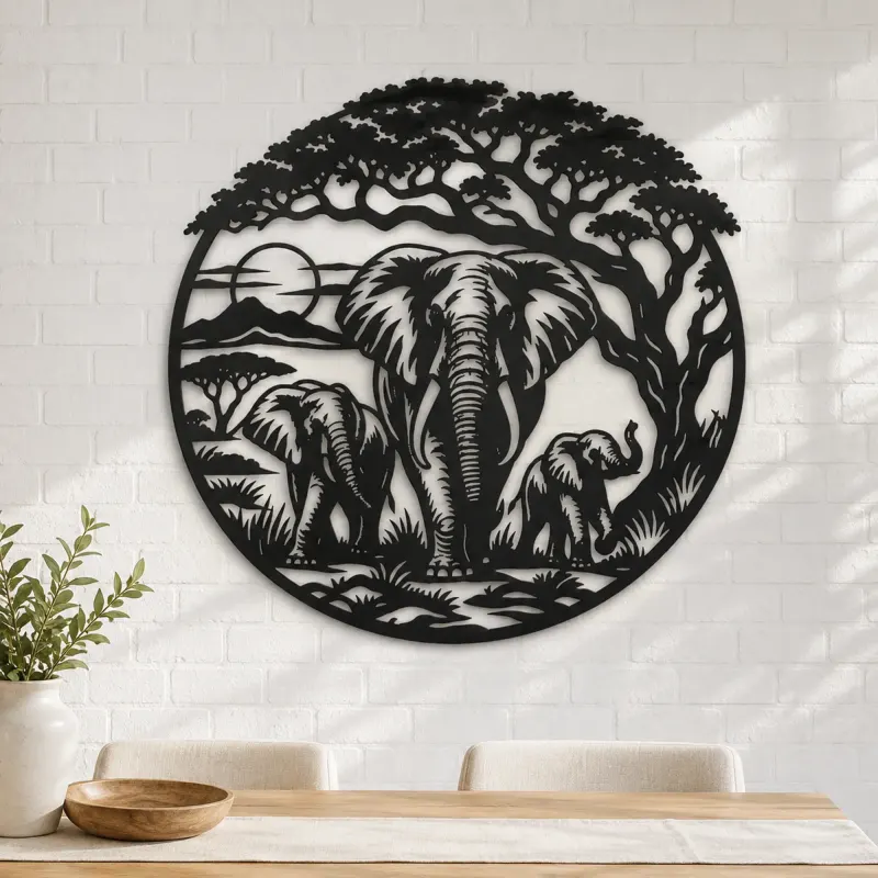 Elephant Tree Circle Metal Wall Art | Wildlife Silhouette Decor - lifestyle view 4
