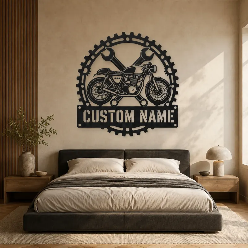 Personalized Cafe Racer Motorcycle Metal Wall Art with Crossed Wrenches - lifestyle view 5