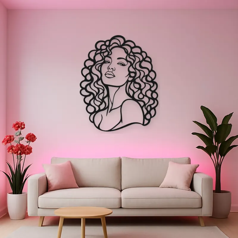 Curly Hair Portrait Metal Wall Art | Minimalist Woman Line Art