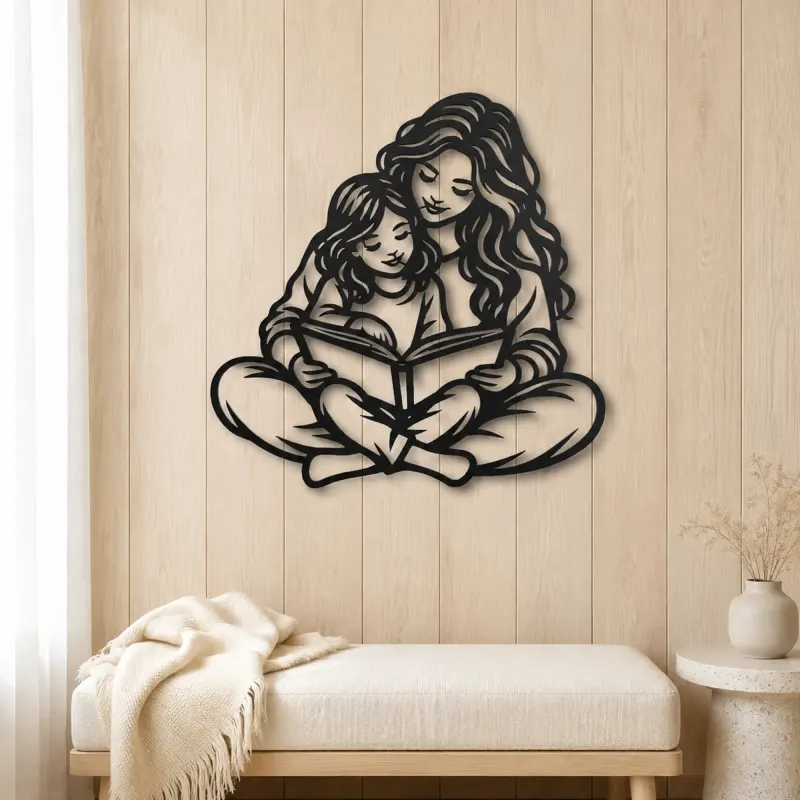 Parent Child Reading Metal Wall Art | Family Silhouette Decor - lifestyle view 5