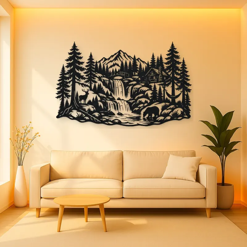 Forest Waterfall Metal Wall Art | Nature Silhouette Decor