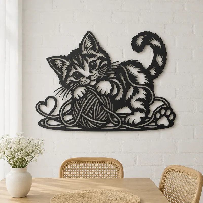 Playful Kitten Yarn Metal Wall Art | Pet Lover Silhouette Decor - lifestyle view 4