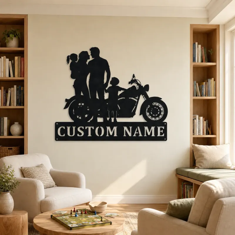Personalized Classic Motorcycle Family with Toddler Metal Wall Art - lifestyle view 4