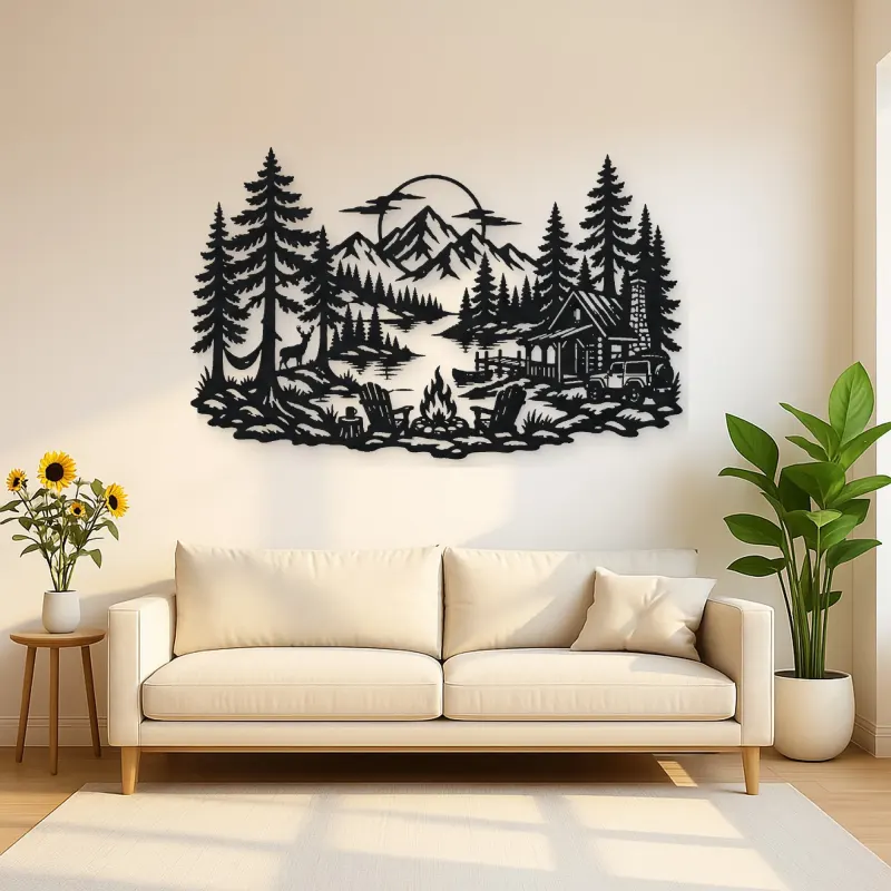 Campfire in the Pines Metal Wall Art | Nature Silhouette Decor
