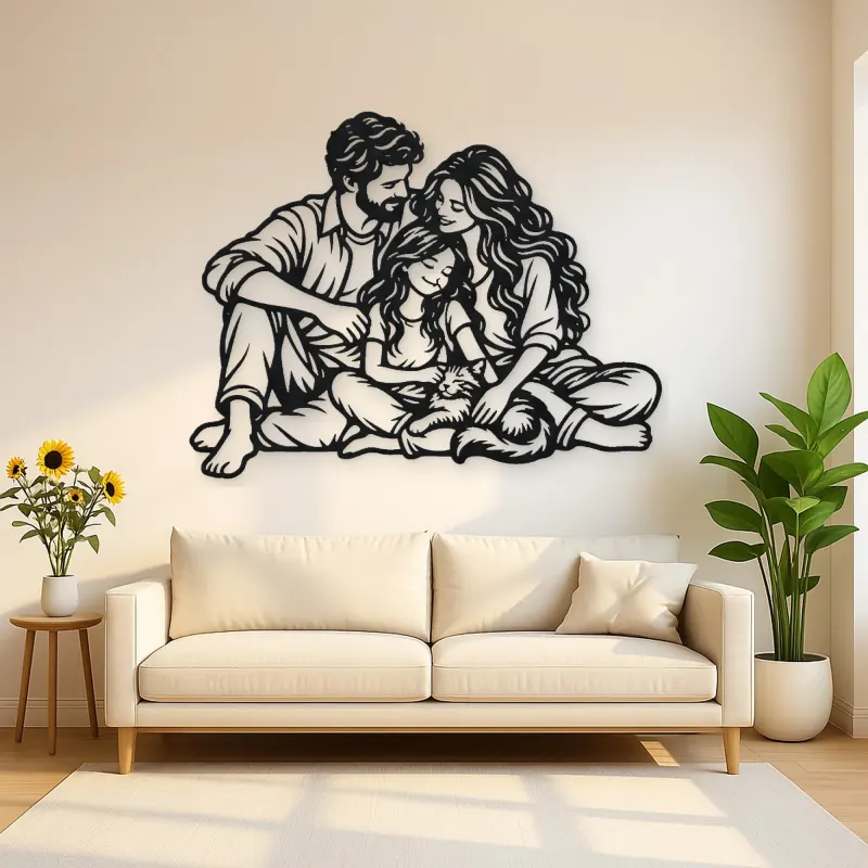 Family with Cat Metal Wall Art | Pet Lover Silhouette Decor