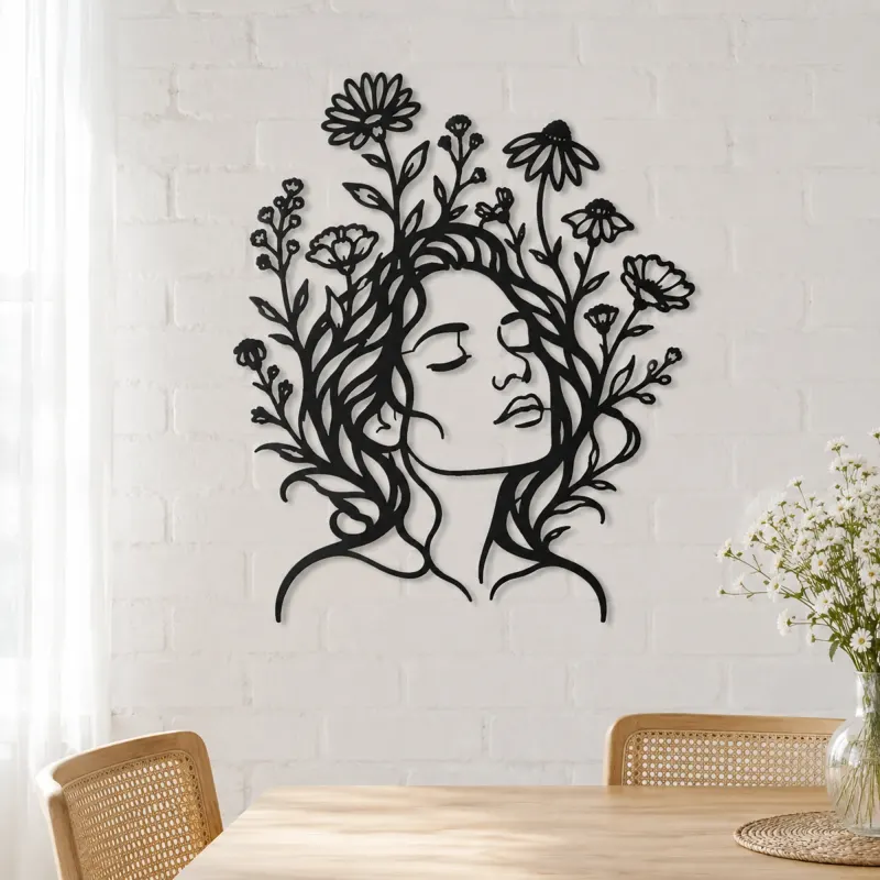 Wildflower Face Metal Wall Art | Minimalist Woman Line Art - lifestyle view 4