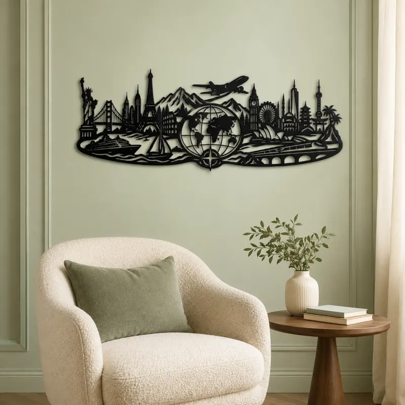 World Map Travel Line Metal Wall Art | Travel and City Wall Decor - lifestyle view 2