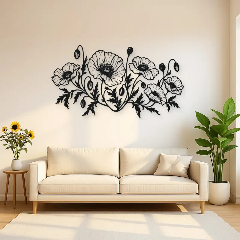 Poppy Field Line Metal Wall Art | Botanical Metal Wall Decor
