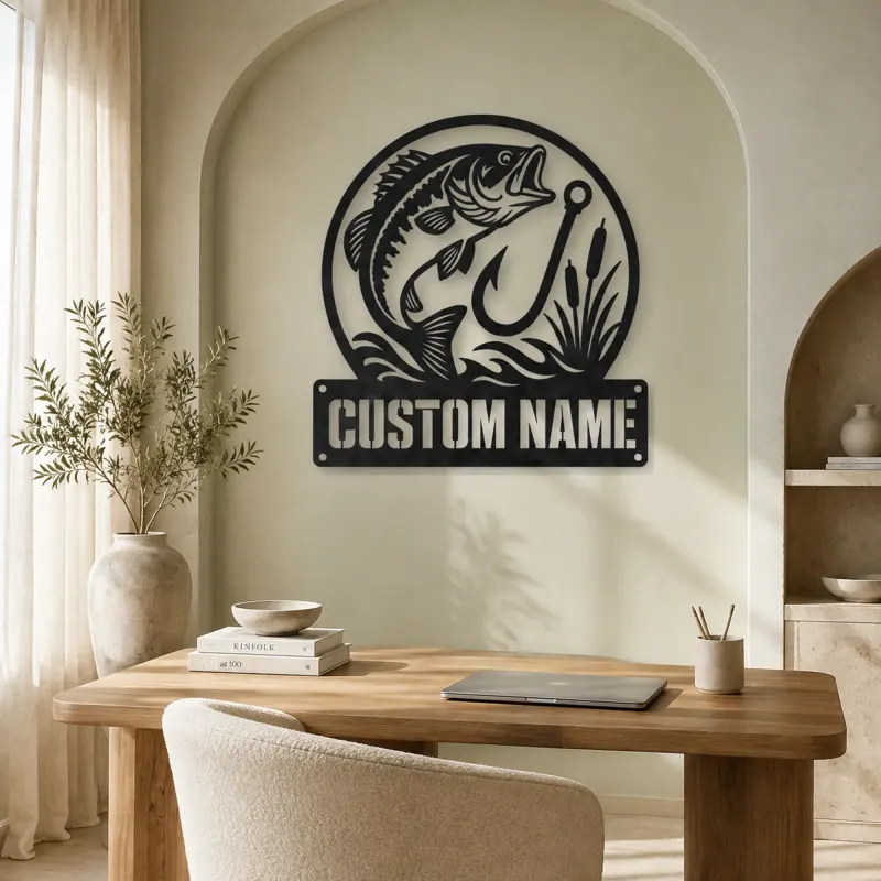 Personalized Largemouth Bass Fishing Metal Wall Art with Hook - lifestyle view 4