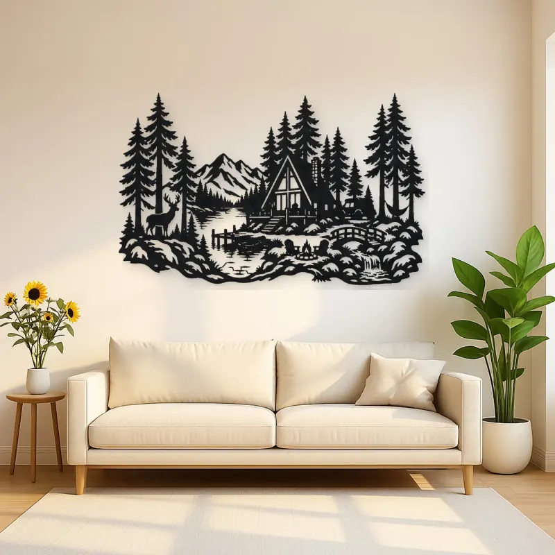 A-Frame Cabin Woods Metal Wall Art | Nature Silhouette Decor