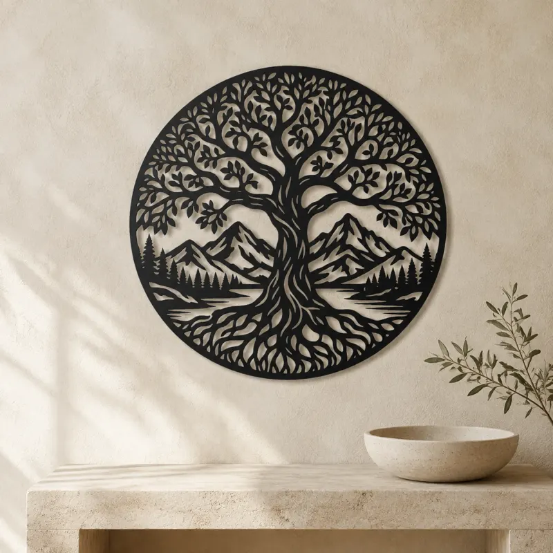 Tree and Mountain Circle Metal Wall Art | Botanical Metal Wall Decor - lifestyle view 3