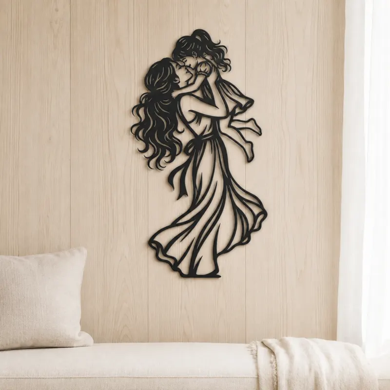 Single Mother Child Metal Wall Art | Family Silhouette Decor - lifestyle view 5