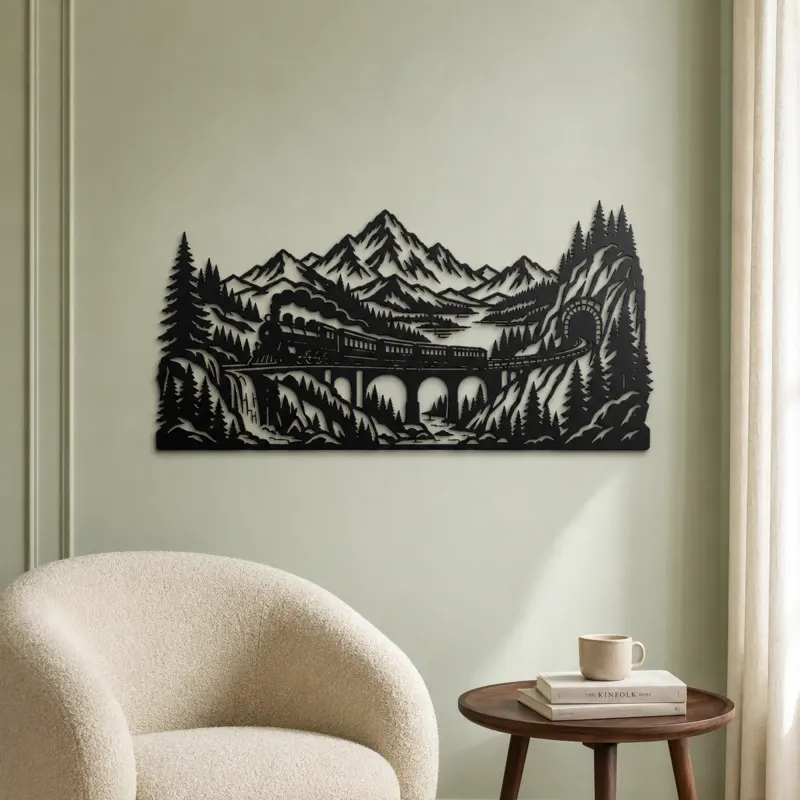 Train through Mountains Metal Wall Art | Travel and City Wall Decor - lifestyle view 2