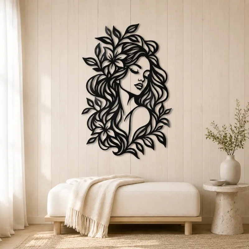 Botanical Hair Face Metal Wall Art | Minimalist Woman Line Art - lifestyle view 5