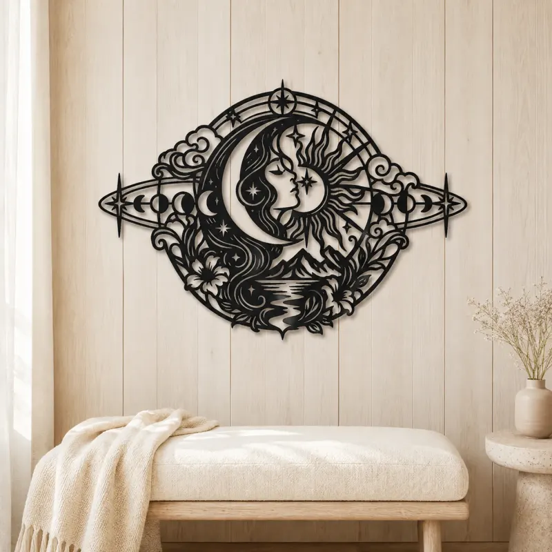 Celestial Crescent Face Metal Wall Art | Minimalist Woman Line Art - lifestyle view 5