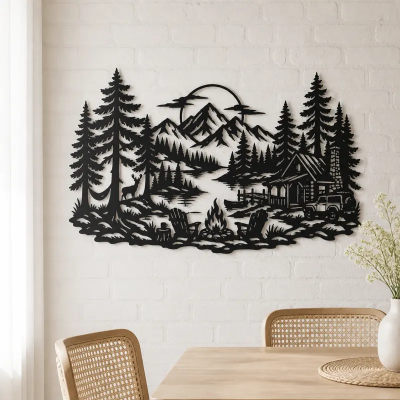 Campfire in the Pines Metal Wall Art | Nature Silhouette Decor - lifestyle view 4