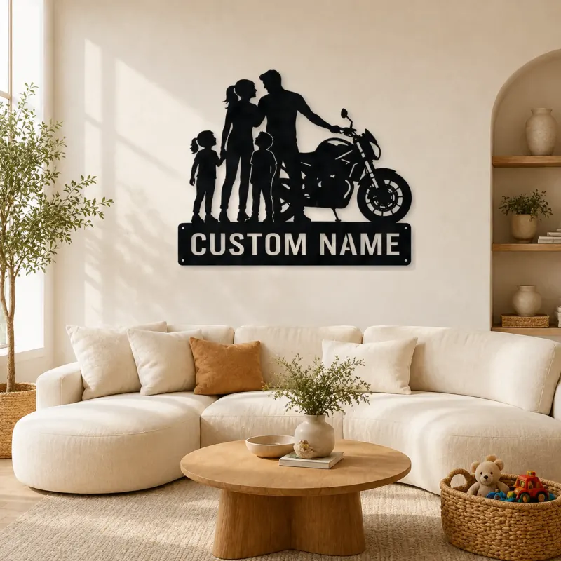 Décoration murale en métal personnalisée pour famille de quatre avec moto moderne