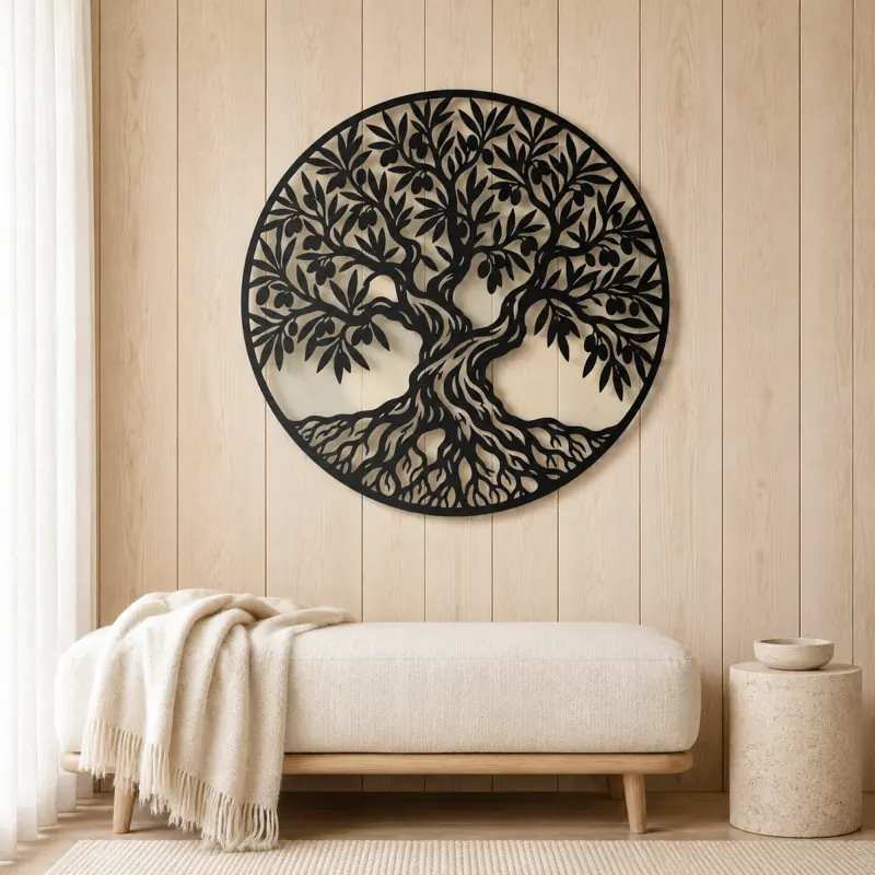 Olive Tree Circle Metal Wall Art | Botanical Metal Wall Decor - lifestyle view 5