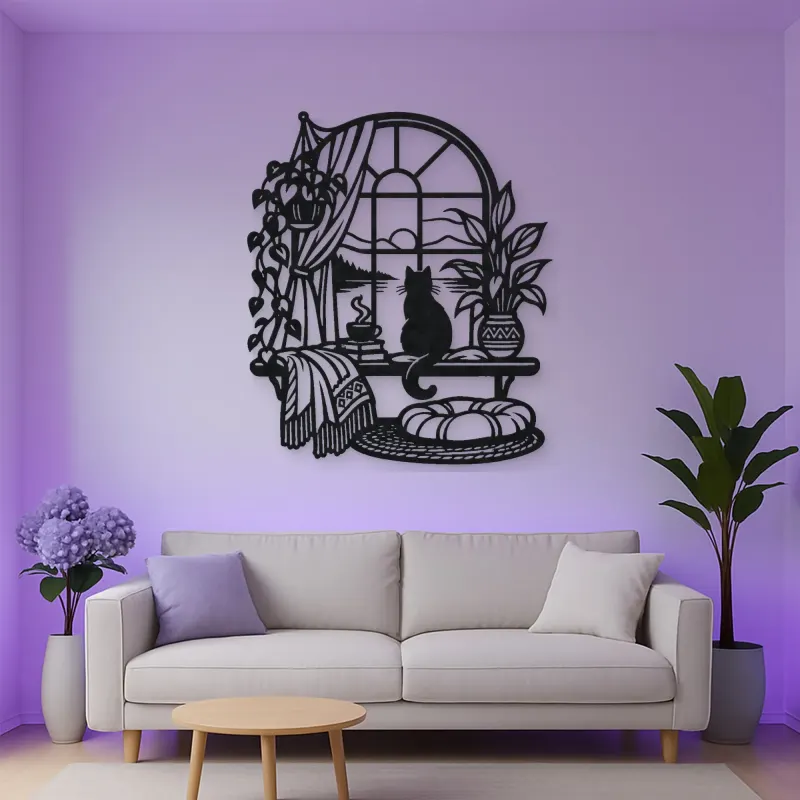 Cat on Windowsill Metal Wall Art | Pet Lover Silhouette Decor
