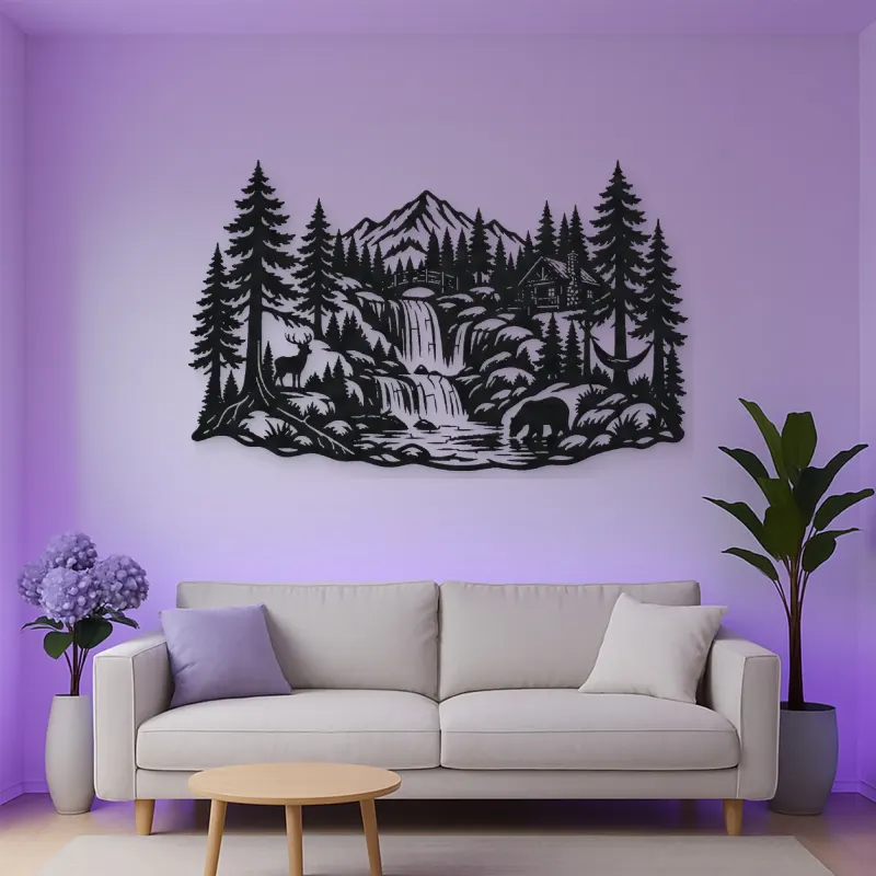 Forest Waterfall Metal Wall Art | Nature Silhouette Decor