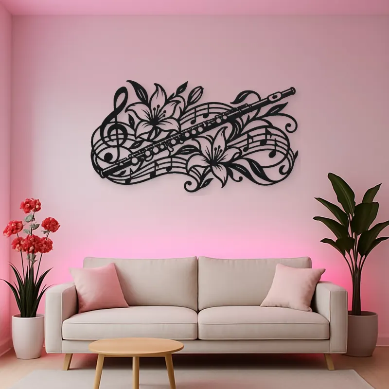 Flute Botanical Line Metal Wall Art | Music Room Wall Decor