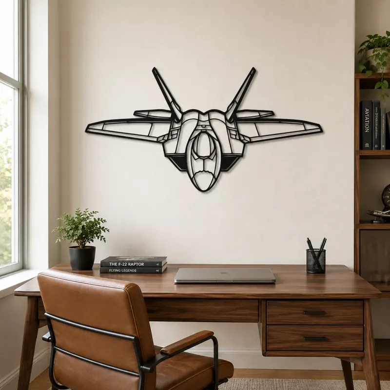 F-22 Raptor Angle Airplane Silhouette Metal Wall Art, Metal Aircraft Silhouette, Aviation Wall Decor, Aviator Decor - lifestyle view 4