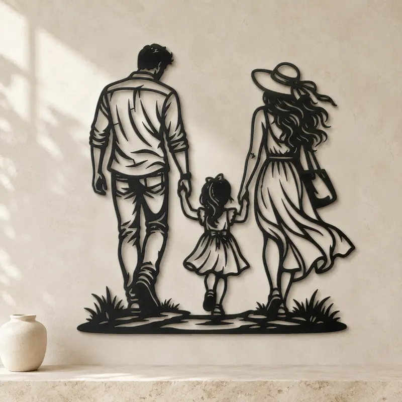 Family of Three Walk Metal Wall Art | Family Silhouette Decor - lifestyle view 3