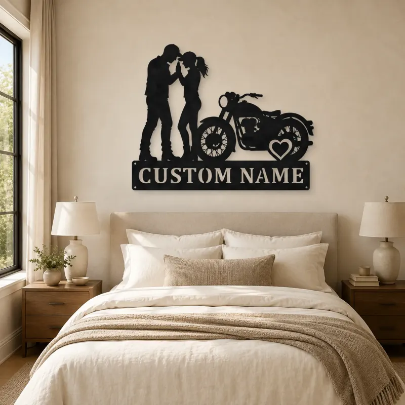 Personalized Vintage Motorcycle Couple Metal Wall Art with Heart - lifestyle view 2