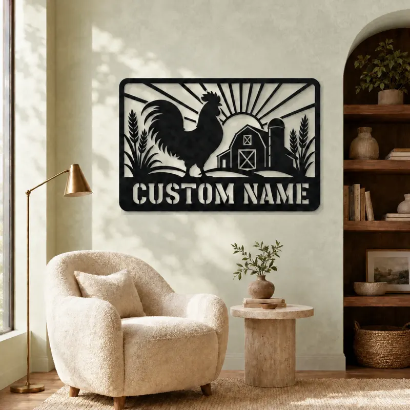 Personalized Rooster Farm Metal Wall Art with Barn Scene - lifestyle view 5