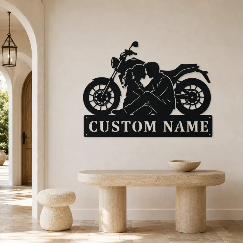 Personalized Seated Couple and Motorcycle Metal Wall Art - lifestyle view 3