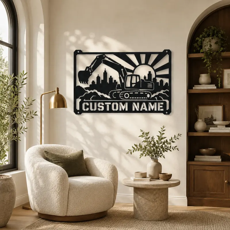 Personalized Excavator Metal Wall Art with Construction Skyline - lifestyle view 5
