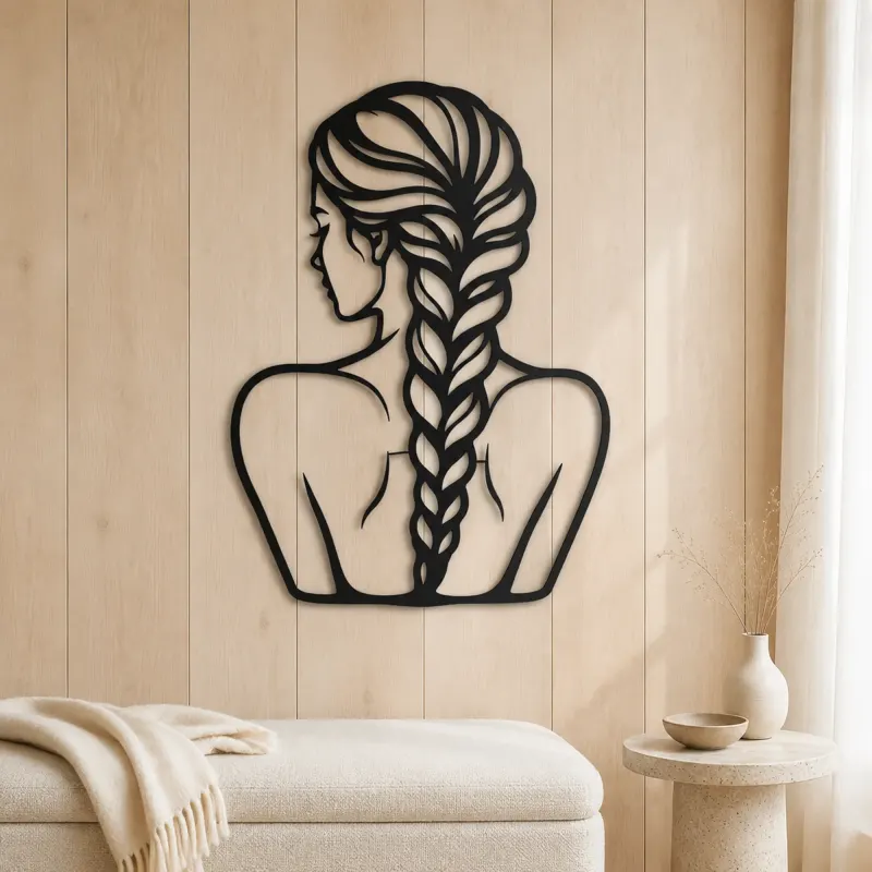 Braided Hair Muse Metal Wall Art | Minimalist Woman Line Art - lifestyle view 5