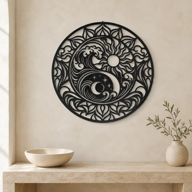 Yin-Yang Waves Metal Wall Art | Spiritual Boho Metal Decor - lifestyle view 3