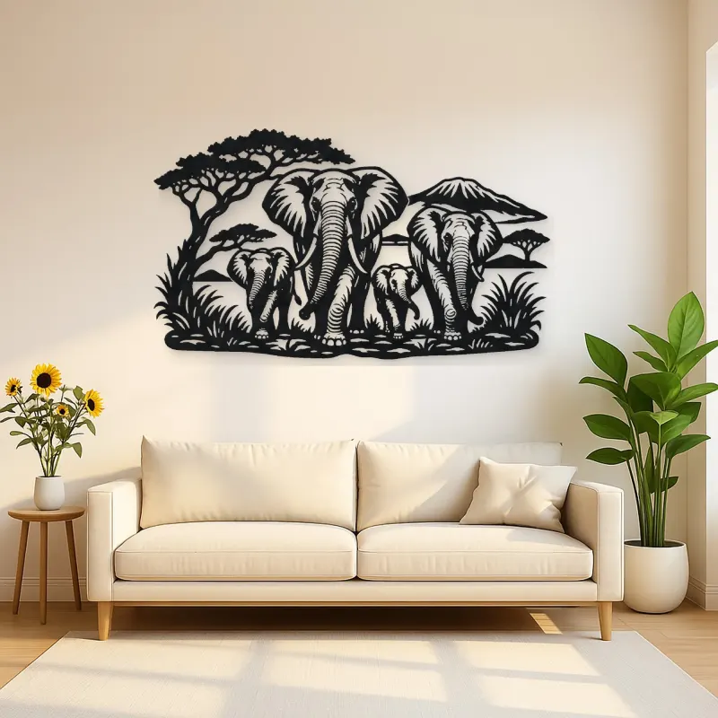 Elephant Family Walk Metal Wall Art | Wildlife Silhouette Decor