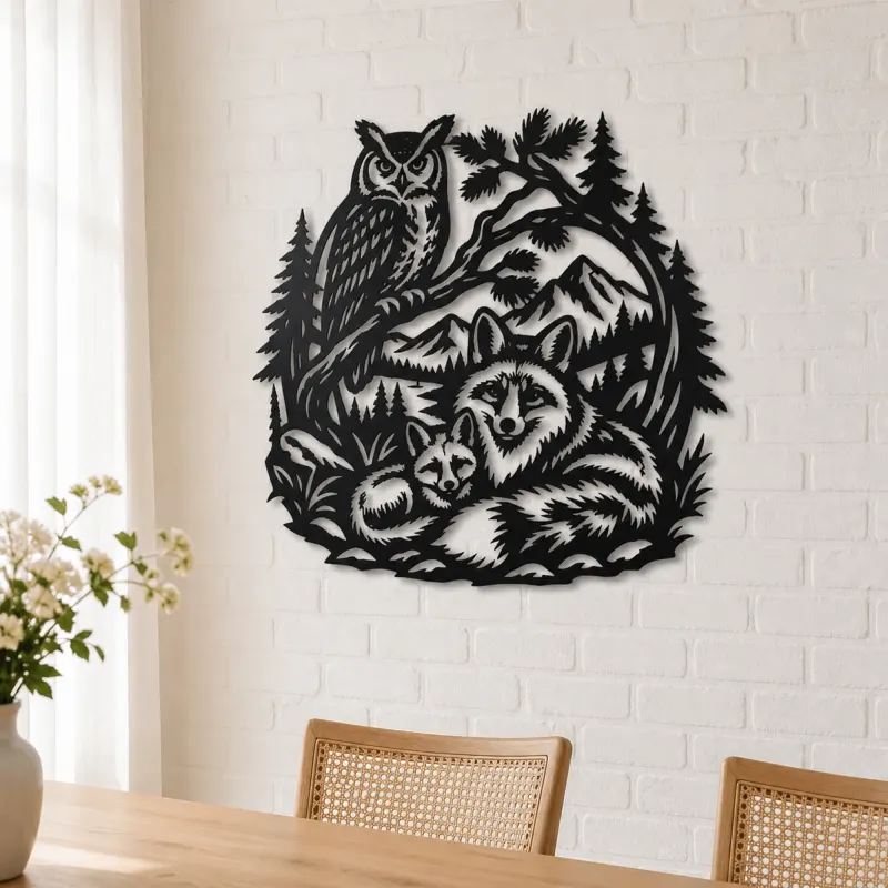 Owl and Fox Forest Metal Wall Art | Wildlife Silhouette Decor - lifestyle view 4