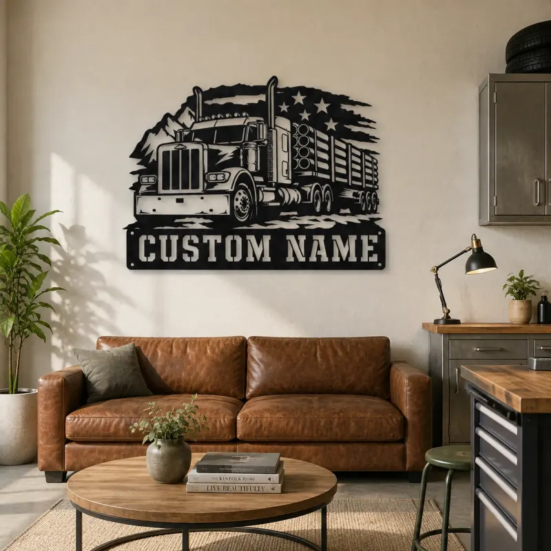 Personalized Logging Semi Truck Patriotic Mountain Metal Wall Art - lifestyle view 4