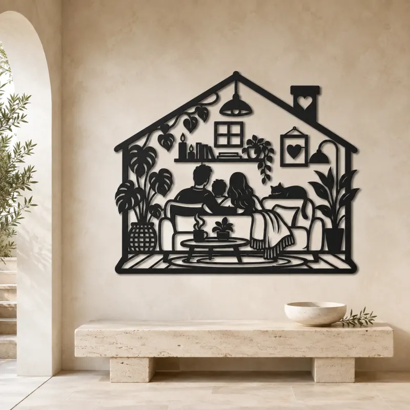 Minimal House Family Metal Wall Art | Family Silhouette Decor - lifestyle view 3