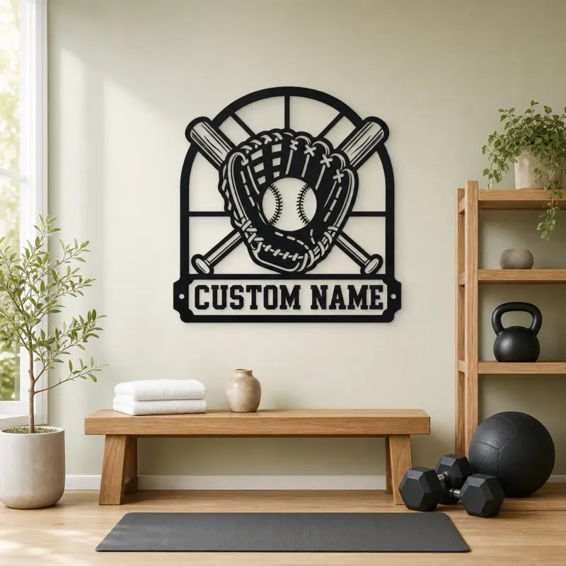 Personalized Baseball Glove Ball and Crossed Bats Metal Wall Art - lifestyle view 4