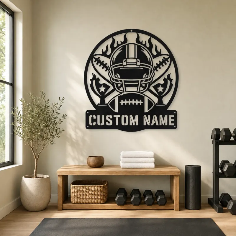 Personalized Football Helmet Trophy Flame Metal Wall Art - lifestyle view 4