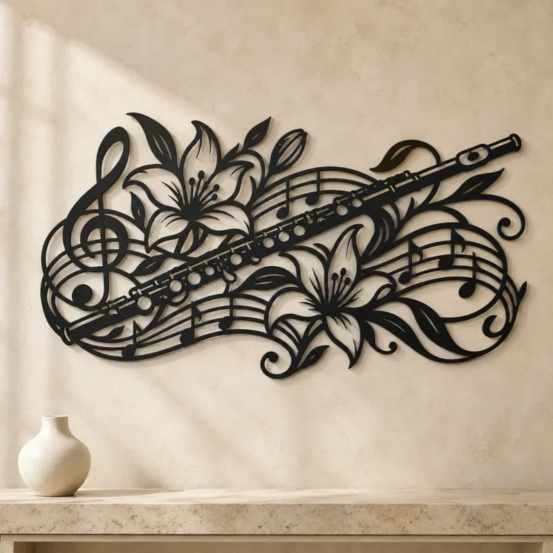 Flute Botanical Line Metal Wall Art | Music Room Wall Decor - lifestyle view 3