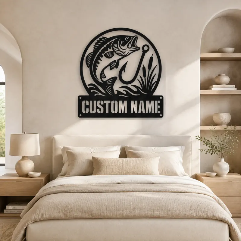 Personalized Largemouth Bass Fishing Metal Wall Art with Hook - lifestyle view 2