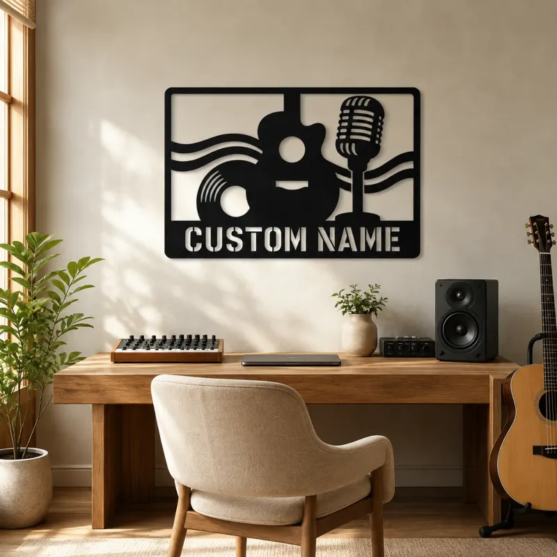Personalized Vinyl Record Metal Wall Art with Vintage Microphone - lifestyle view 4