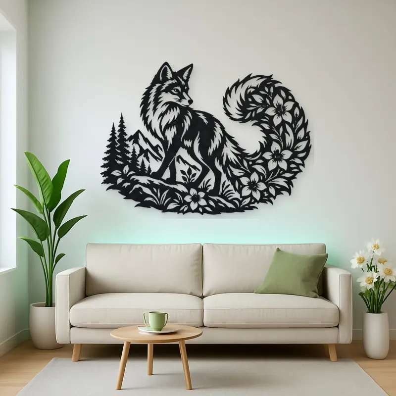 Fox Floral Tail Metal Wall Art | Wildlife Silhouette Decor