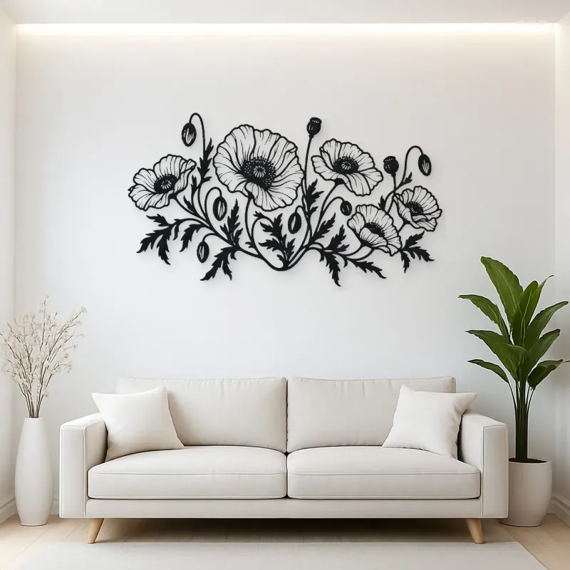 Poppy Field Line Metal Wall Art | Botanical Metal Wall Decor